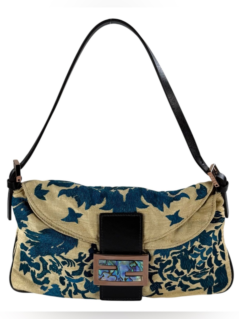 Fendi Mother of Pearl Embroidered Double Flap Baguette Shoulder Bag